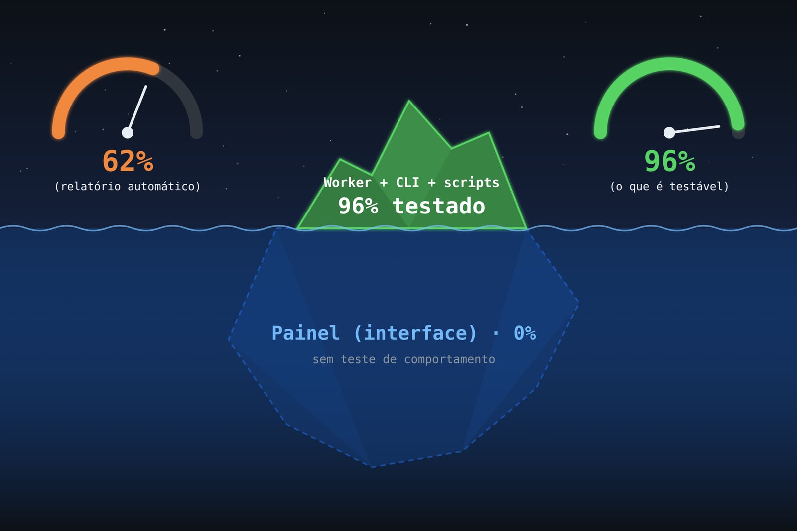 Iceberg de cobertura: a parte testada, com 96%, aparece acima da água; a interface, com 0%, fica submersa; ao lado, medidores de 62% e 96%