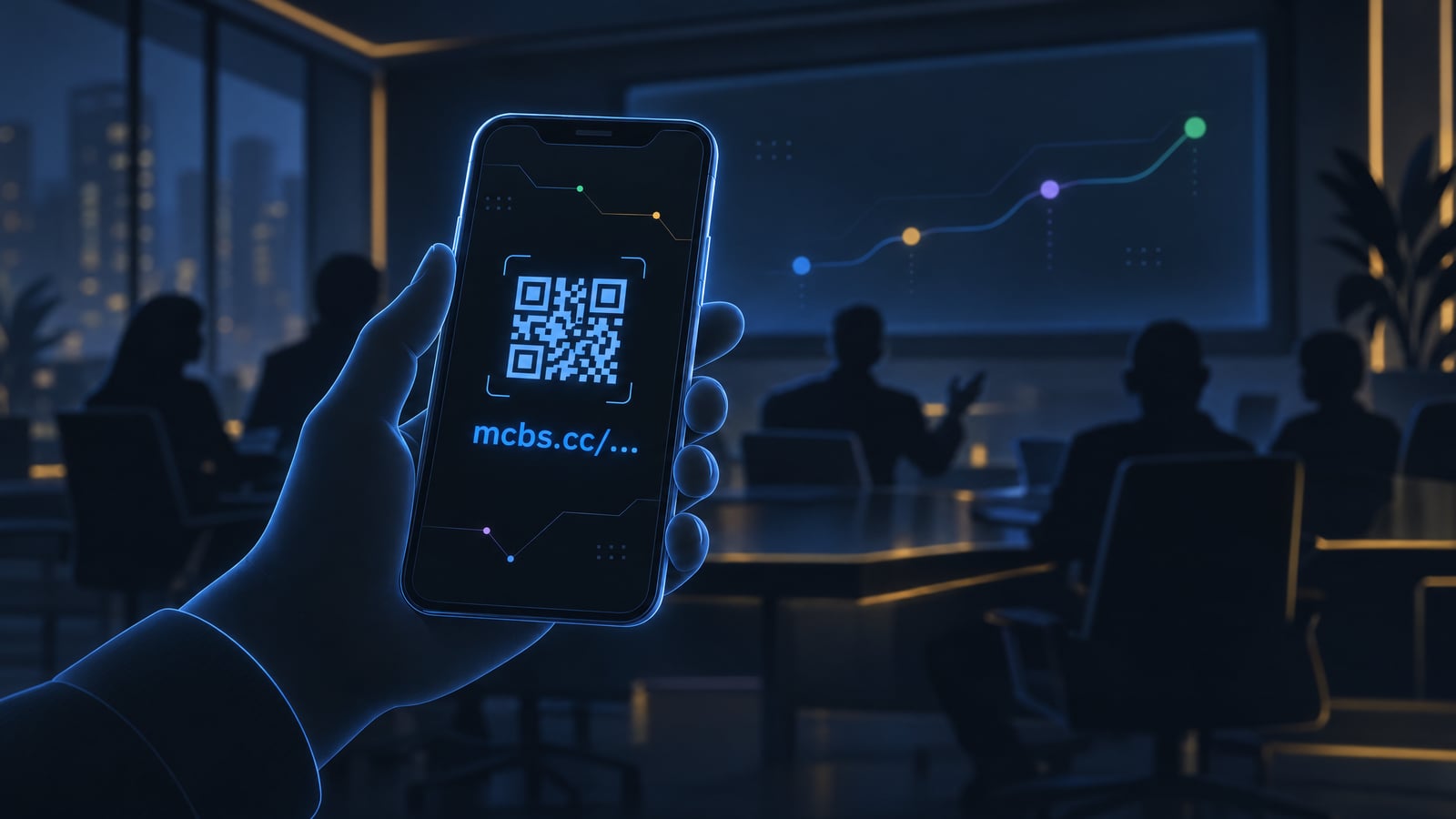 Mão segurando um celular com um QR Code e o link mcbs.cc, em uma sala de reunião executiva desfocada, com um gráfico de crescimento ao fundo