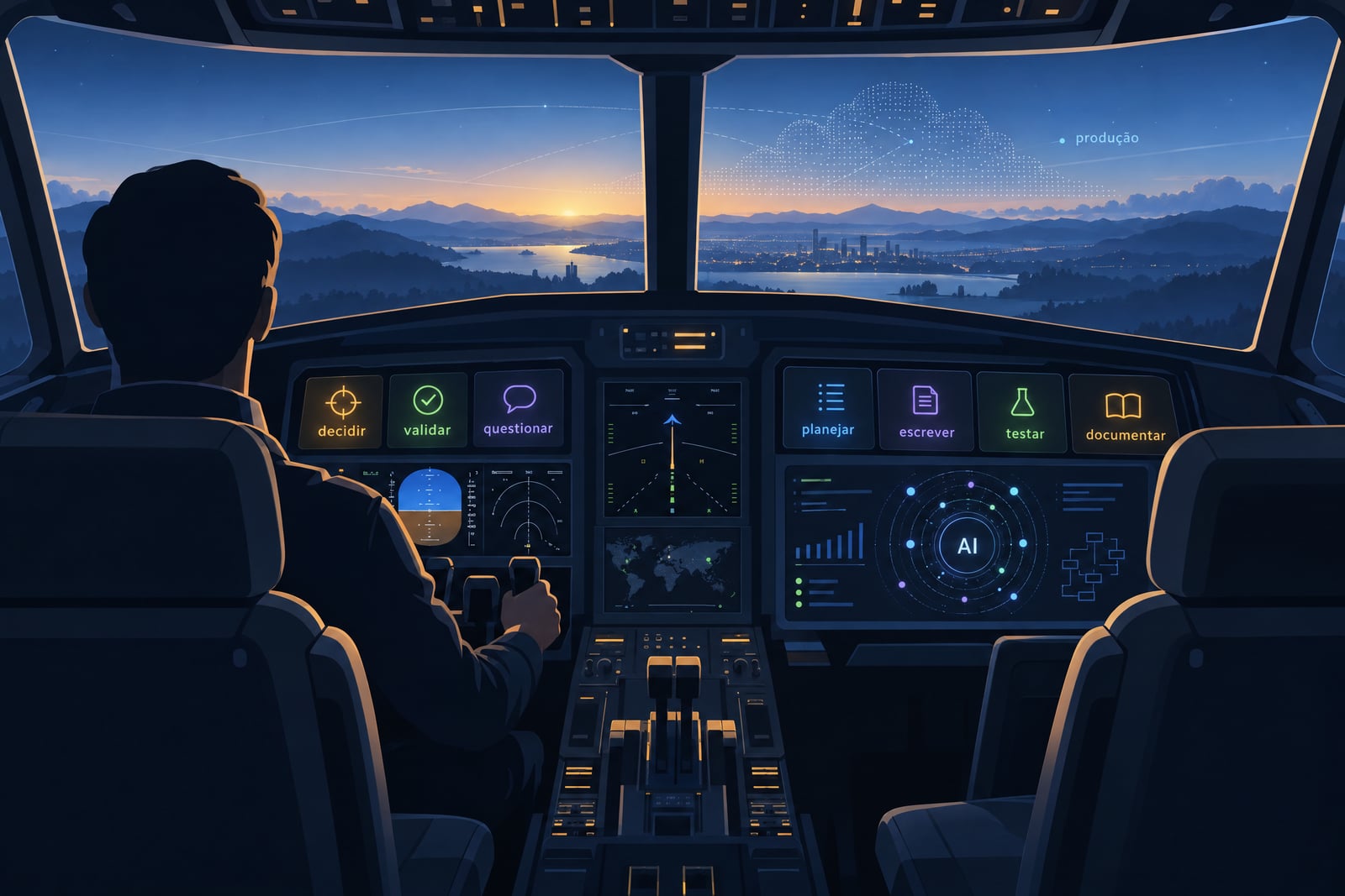 Cabine de avião vista por trás de um piloto: à esquerda, os controles decidir, validar e questionar; à direita, o painel do agente com planejar, escrever, testar e documentar; pela janela, a silhueta de uma nuvem de dados chamada produção