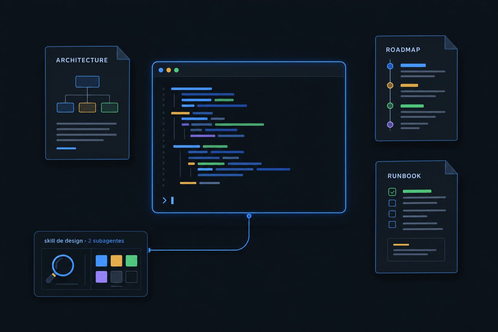 Mesa de trabalho com um terminal no centro, cercado por documentos de arquitetura, roteiro e runbook, e uma bancada separada com uma lupa e a skill de design com dois subagentes